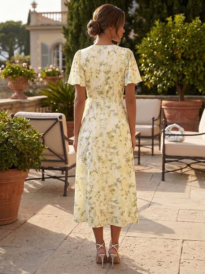 Chiffon A-Line V Neck Formal Dresses with Floral Print