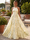 Chiffon A-Line Halter Formal Dresses with Floral Print