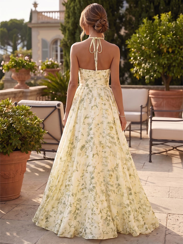 Chiffon A-Line Halter Formal Dresses with Floral Print