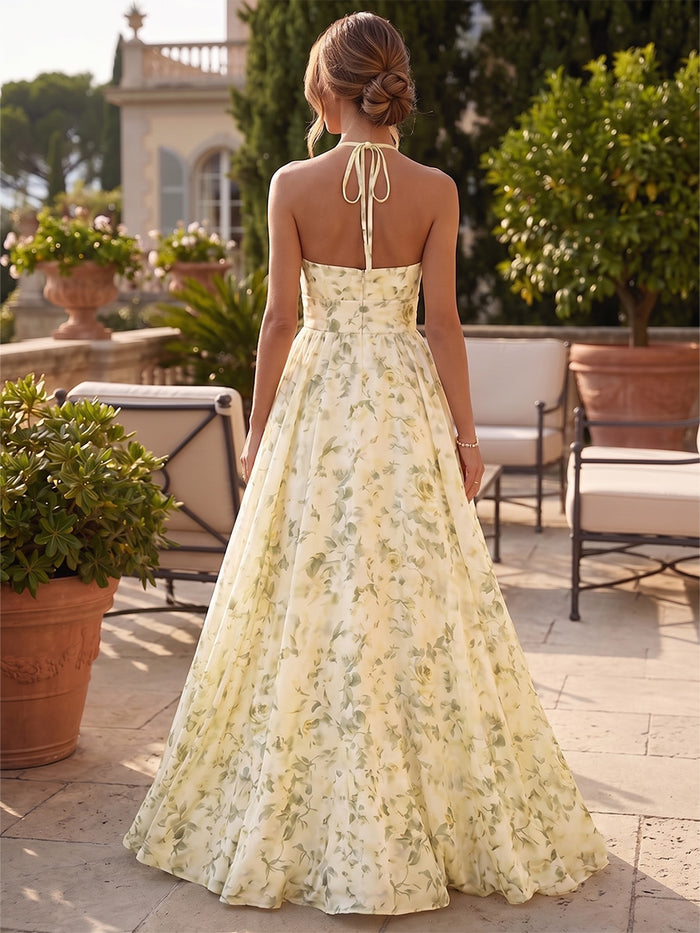 Chiffon A-Line Halter Formal Dresses with Floral Print