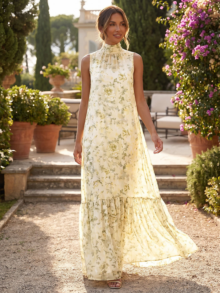 Chiffon A-Line High Neck Formal Dresses with Floral Print