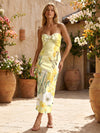 Satin Sheath Strapless Formal Dresses with Floral Print
