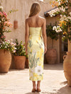 Satin Sheath Strapless Formal Dresses with Floral Print