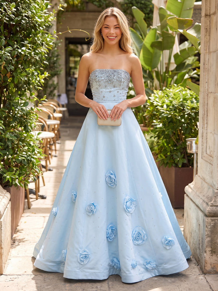 Satin A-Line Strapless Formal Dresses with Rhinestone