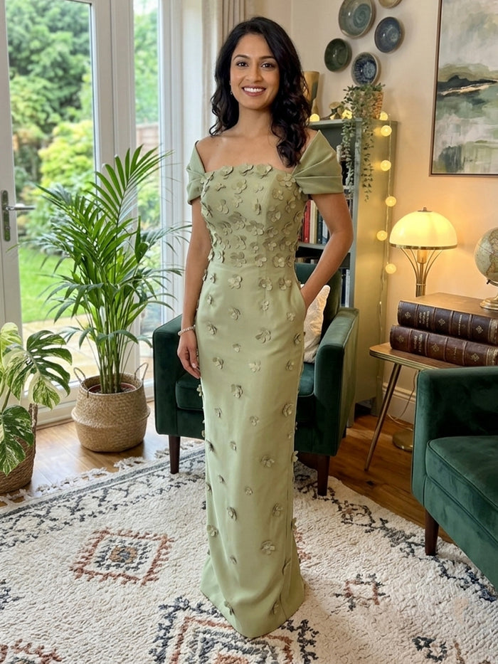 Satin Mermaid Off Shoulder Formal Dresses with 3D Flowers