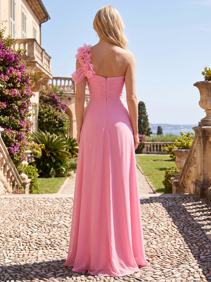 Chiffon A-Line One Shoulder Formal Dresses with Side Waist Ruched Shaping Detail