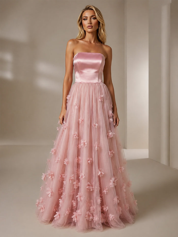 Satin A-Line Strapless Formal Dresses with 3D Flowers