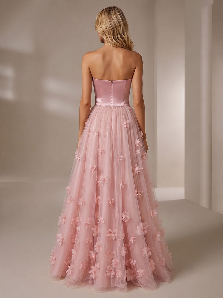 Satin A-Line Strapless Formal Dresses with 3D Flowers