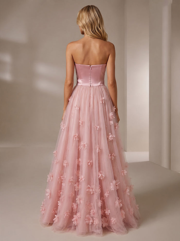 Satin A-Line Strapless Formal Dresses with 3D Flowers