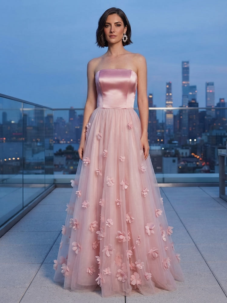 Satin A-Line Strapless Formal Dresses with 3D Flowers