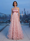 Satin A-Line Strapless Formal Dresses with 3D Flowers