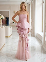 Satin Sheath Strapless Formal Dresses with 3D Flowers