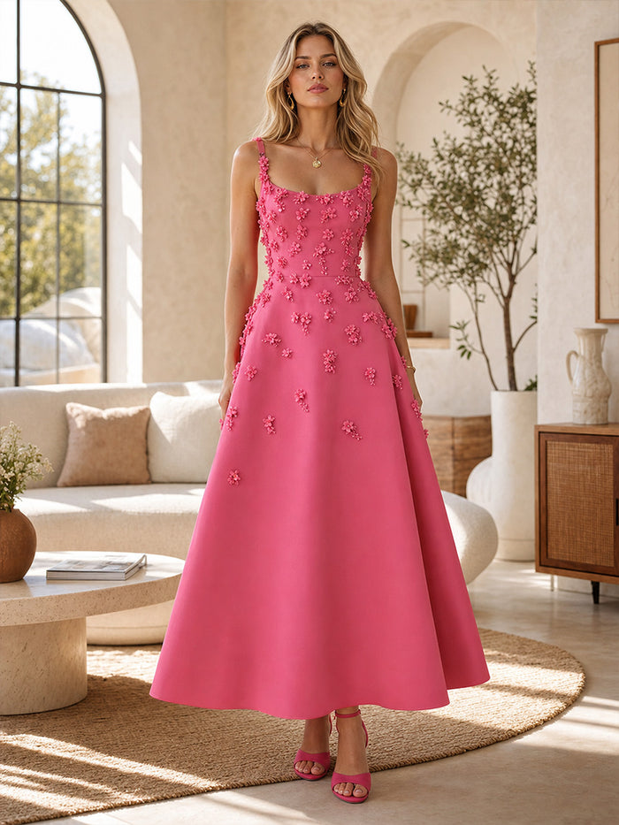 Jersey A-Line U-Neck Formal Dresses with 3D Flowers
