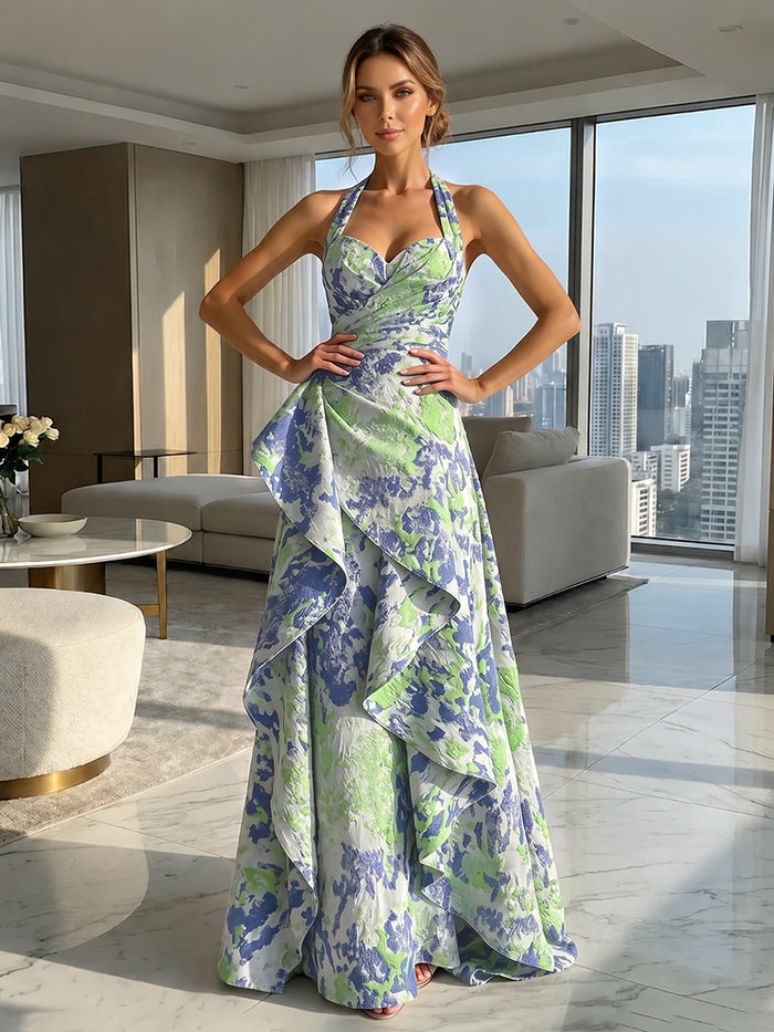 Jacquard A-Line Halter Formal Dresses with Ruffles