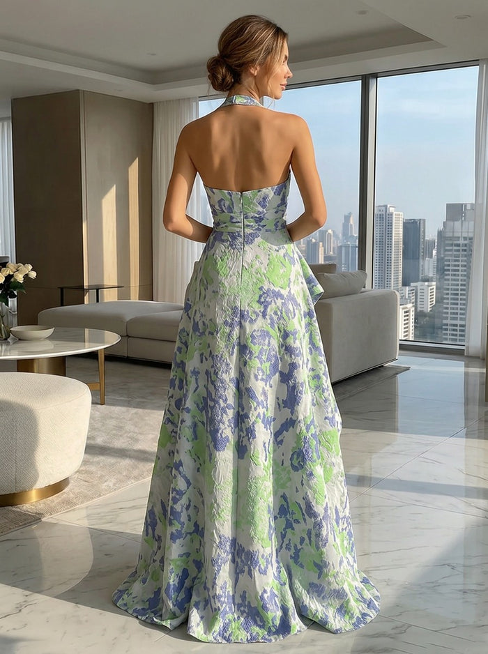 Jacquard A-Line Halter Formal Dresses with Ruffles