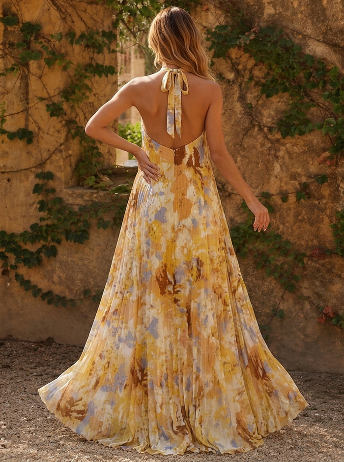 Chiffon A-Line Halter Formal Dresses with Floral Print