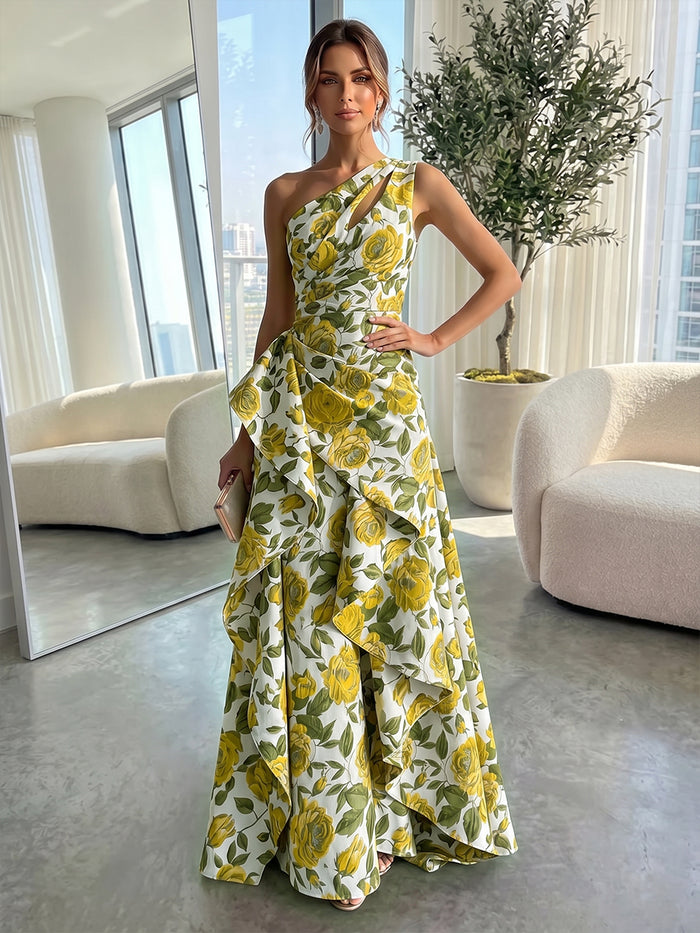 Jacquard A-Line One Shoulder Formal Dresses with Ruffles