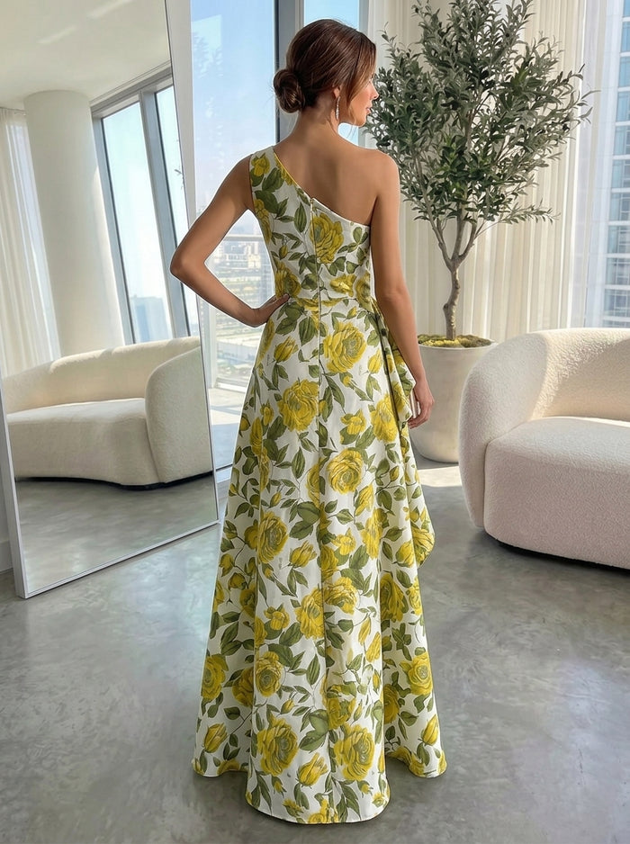 Jacquard A-Line One Shoulder Formal Dresses with Ruffles
