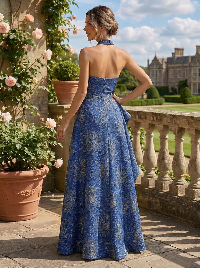 Jacquard A-Line Halter Formal Dresses with Ruffles