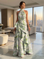 Jacquard A-Line Halter Formal Dresses with Ruffles