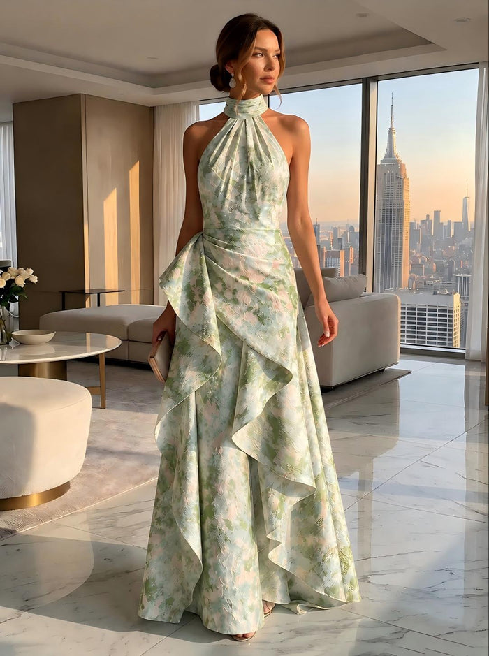 Jacquard A-Line Halter Formal Dresses with Ruffles