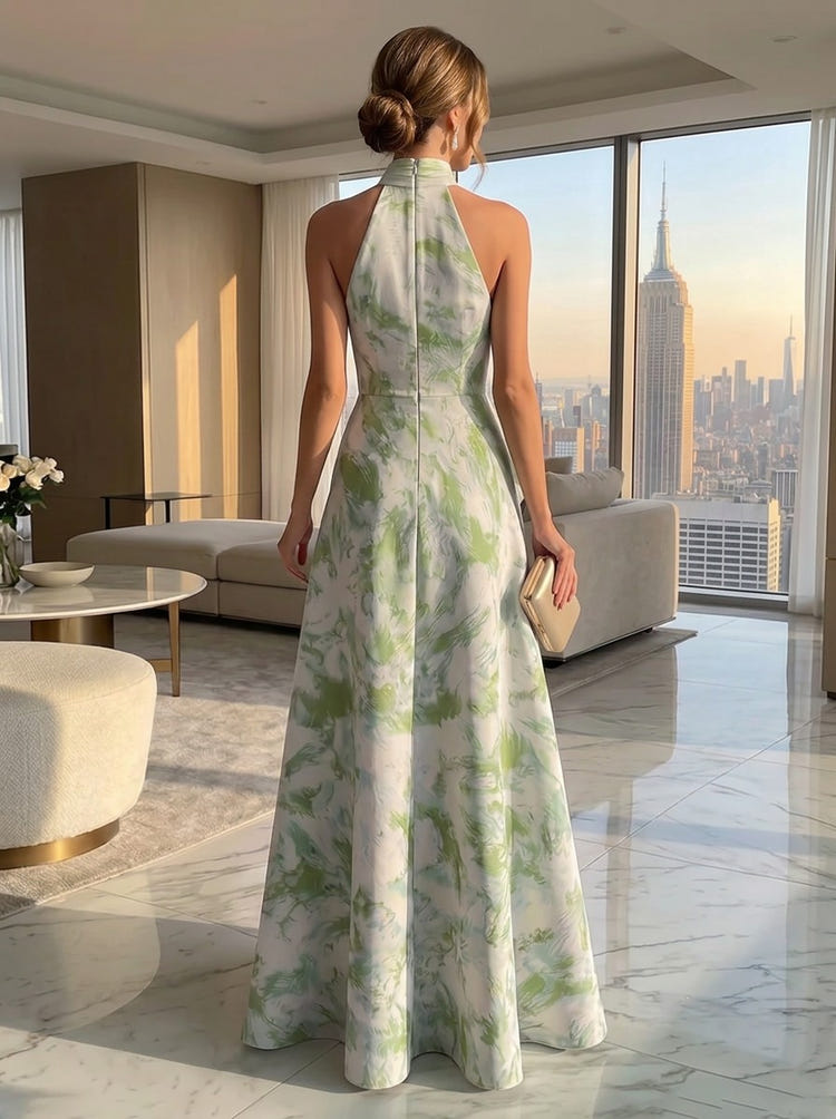 Jacquard A-Line Halter Formal Dresses with Ruffles