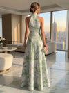 Jacquard A-Line Halter Formal Dresses with Ruffles