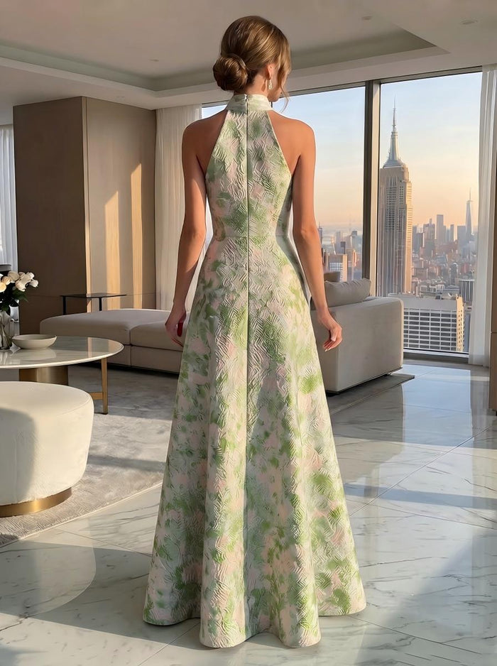 Jacquard A-Line Halter Formal Dresses with Ruffles