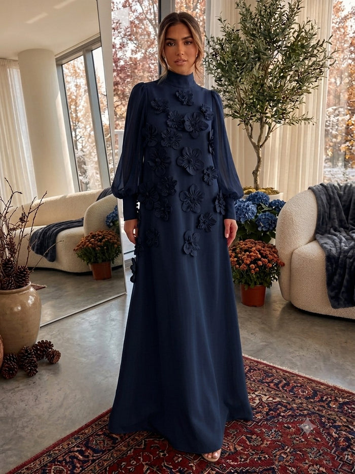 Jersey A-Line High Neck Formal Dresses with 3D Flowers