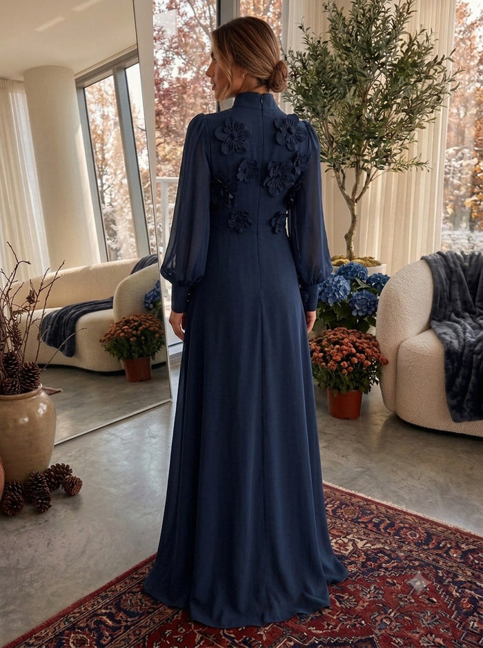 Jersey A-Line High Neck Formal Dresses with 3D Flowers