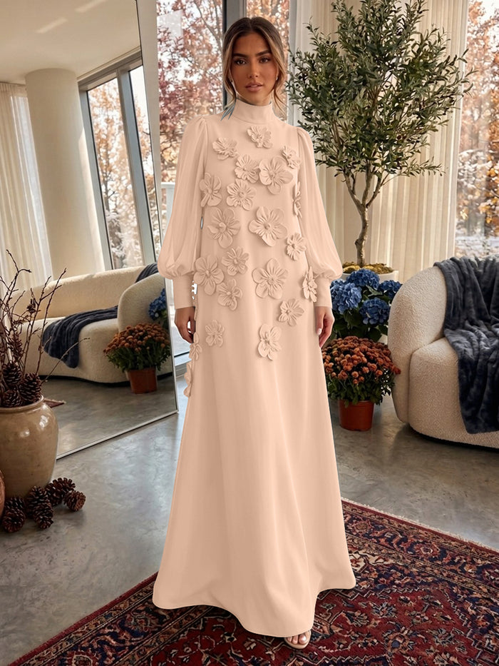 Jersey A-Line High Neck Formal Dresses with 3D Flowers