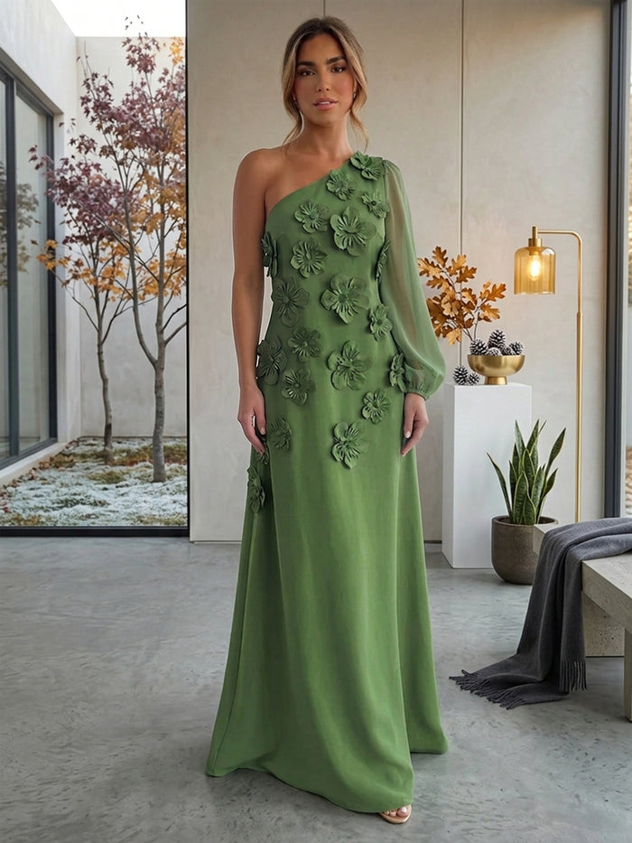 Jersey A-Line One Shoulder Formal Dresses with 3D Flowers