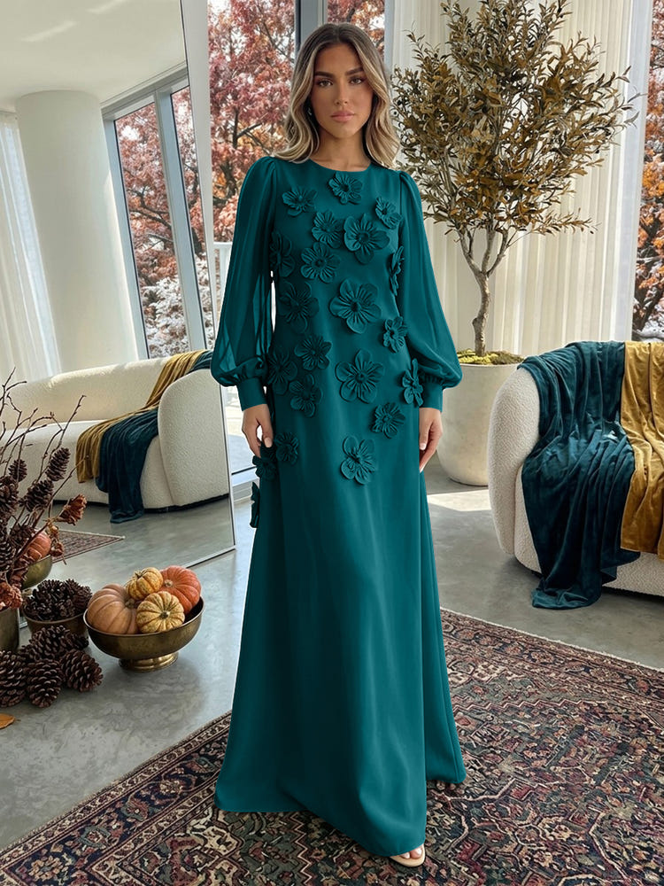 Jersey A-Line Crew Neck Formal Dresses with 3D Flowers