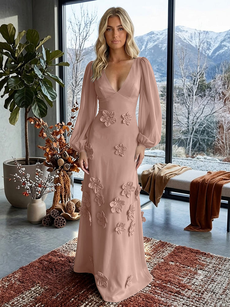 Jersey A-Line V Neck Formal Dresses with 3D Flowers