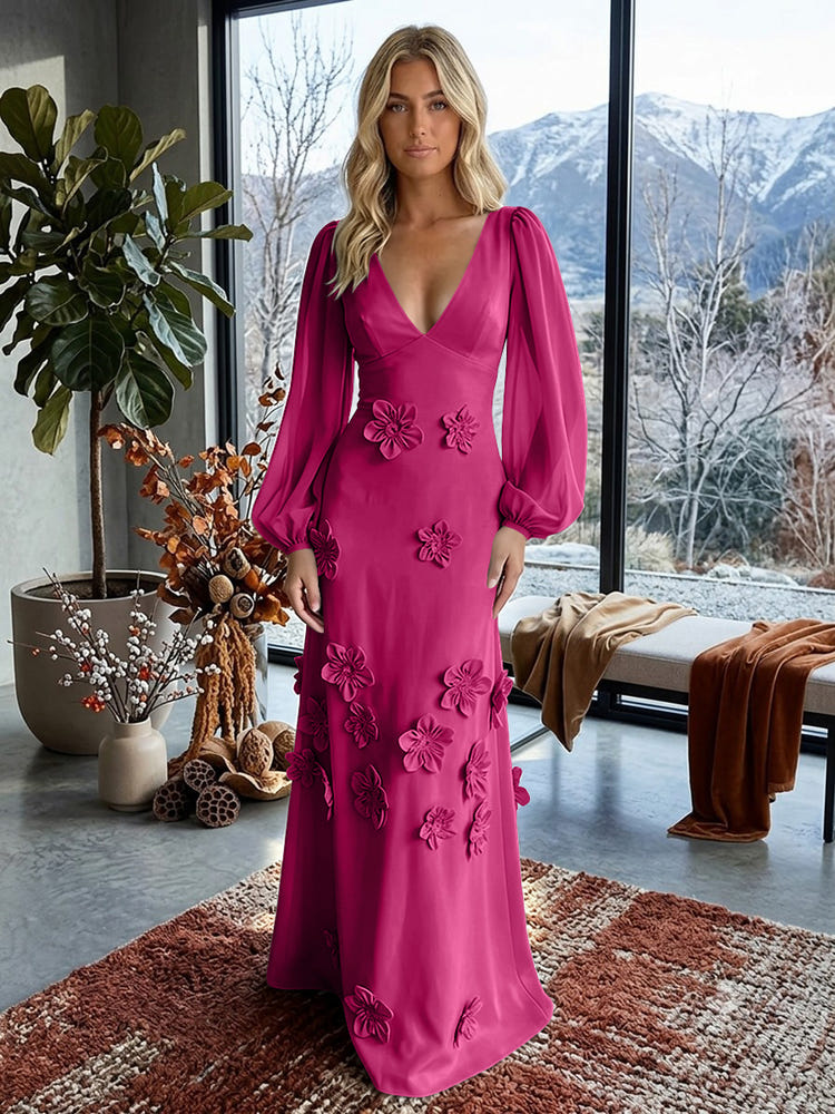 Jersey A-Line V Neck Formal Dresses with 3D Flowers