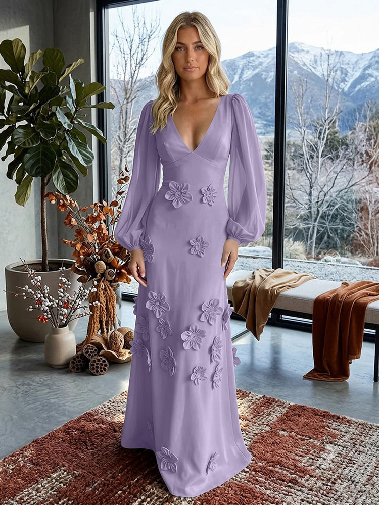 Jersey A-Line V Neck Formal Dresses with 3D Flowers