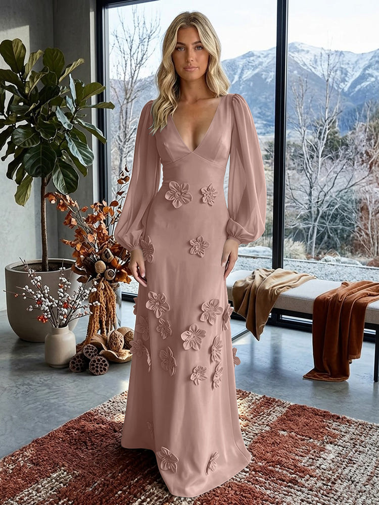 Jersey A-Line V Neck Formal Dresses with 3D Flowers