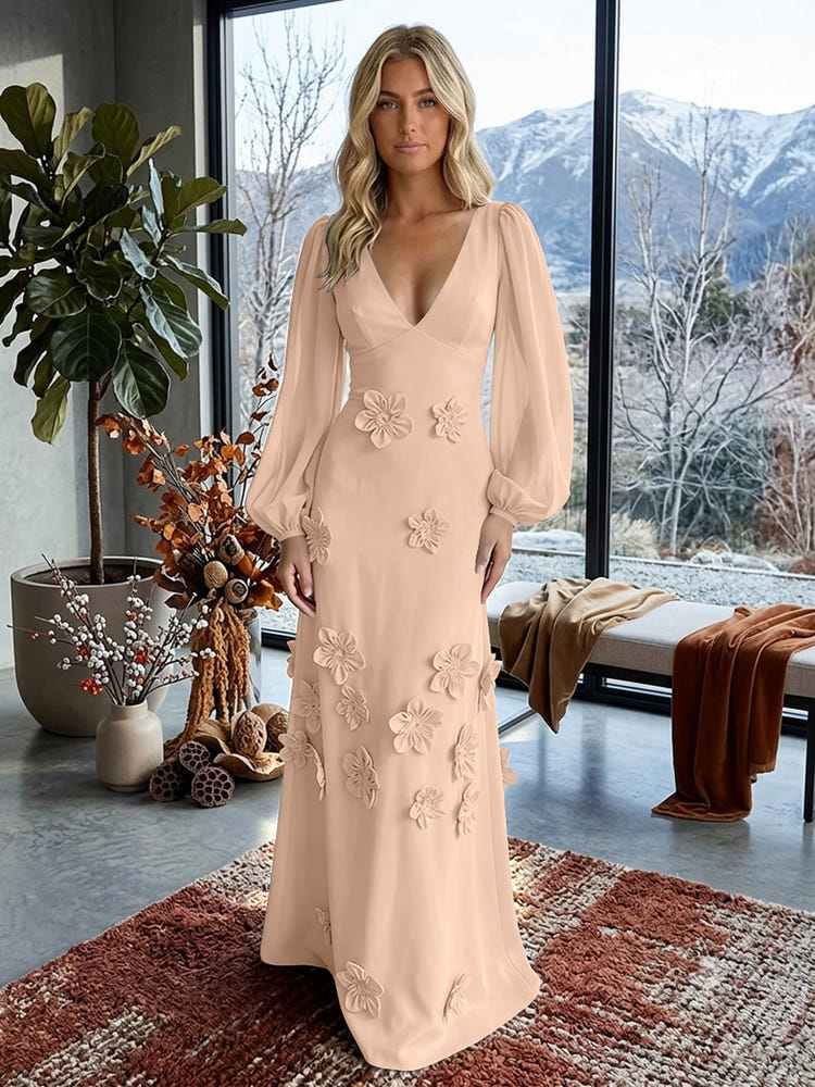 Jersey A-Line V Neck Formal Dresses with 3D Flowers