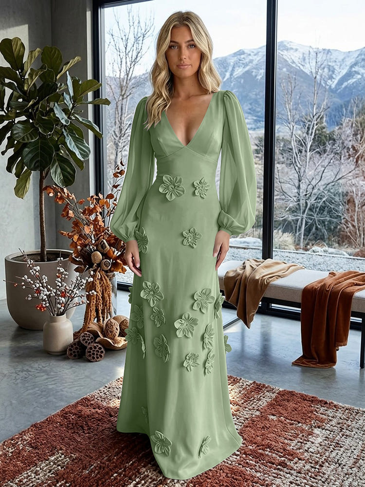 Jersey A-Line V Neck Formal Dresses with 3D Flowers
