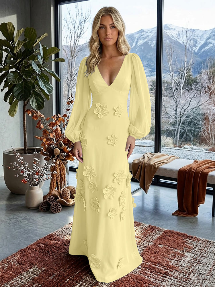 Jersey A-Line V Neck Formal Dresses with 3D Flowers