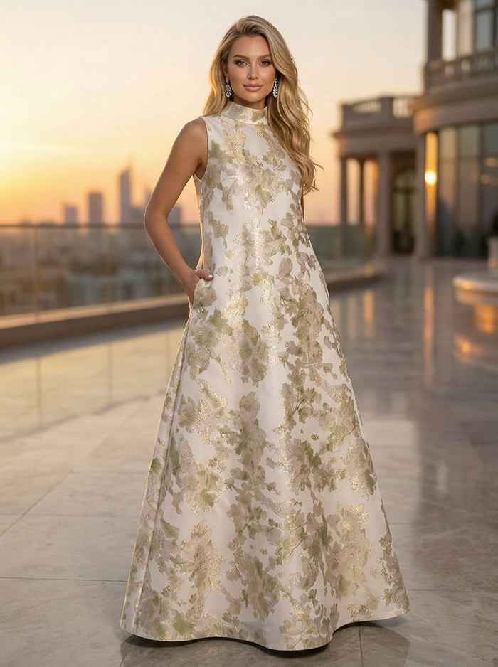 Jacquard A-Line High Neck Formal Dresses with Pocket