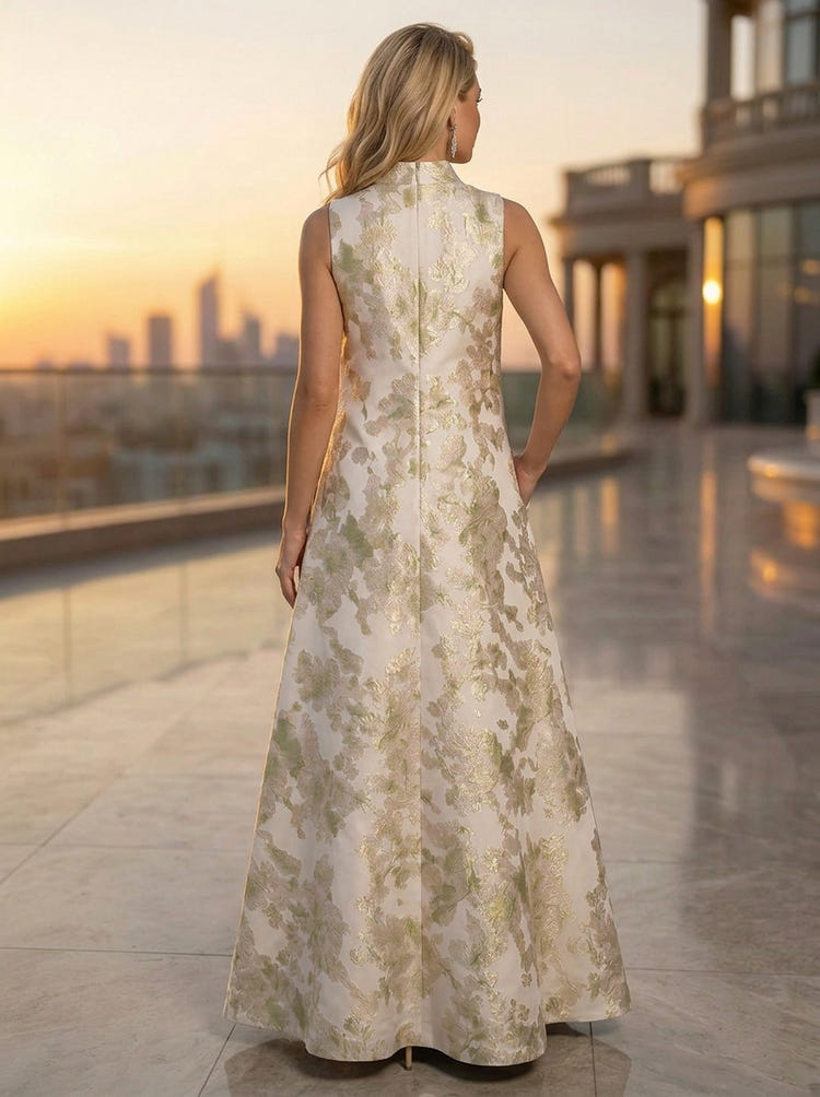Jacquard A-Line High Neck Formal Dresses with Pocket