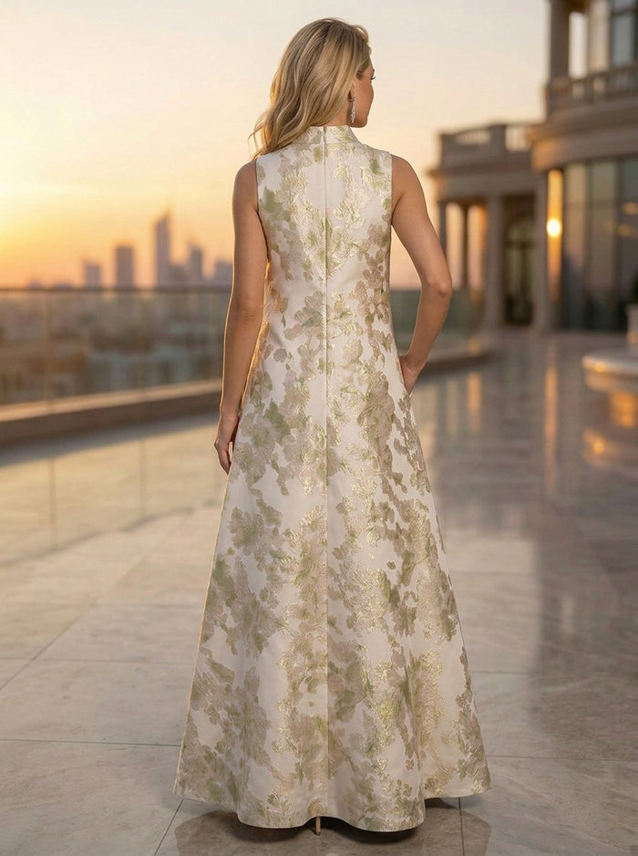 Jacquard A-Line High Neck Formal Dresses with Pocket