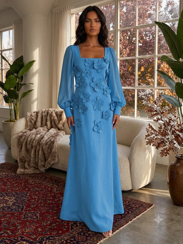 Jersey A-Line Square Neck Formal Dresses with 3D Flowers