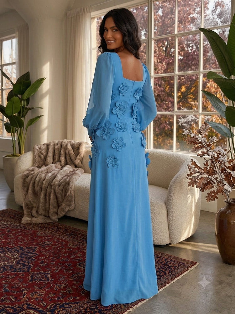 Jersey A-Line Square Neck Formal Dresses with 3D Flowers