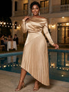 Satin Delicate Pleated Plus Size Formal Dresses with Long Sleeves