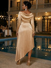 Satin Delicate Pleated Plus Size Formal Dresses with Long Sleeves