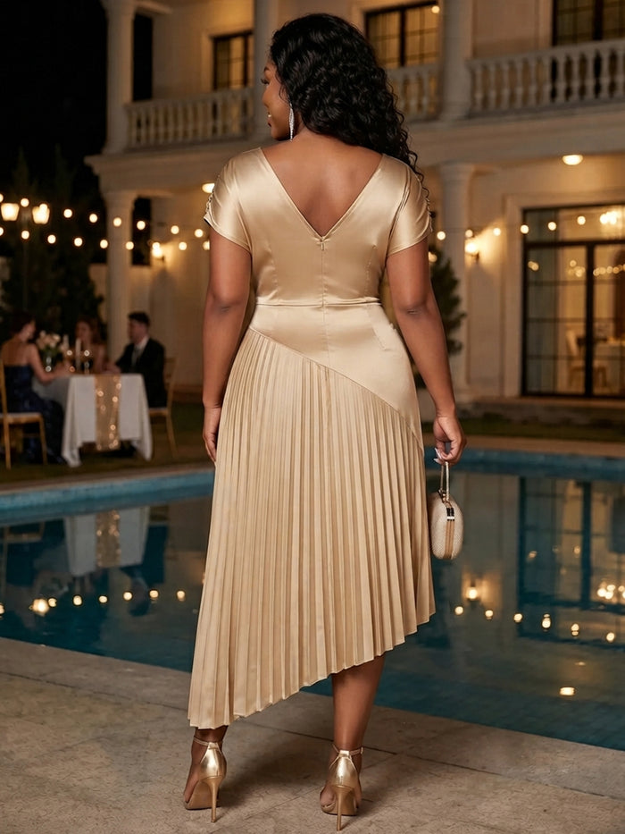 Satin V Neck Delicate Pleated Plus Size Formal Dresses