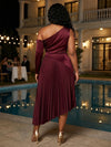 Satin Delicate Pleated Plus Size Formal Dresses with Asymmetric One Long Sleeve