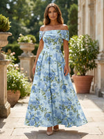 Chiffon A-Line Off Shoulder Formal Dresses with Floral Print